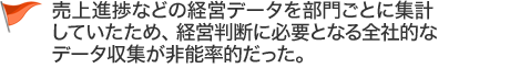 売上進捗などの経営データを部門ごとに集計していたため、 経営判断に必要となる全社的なデータ収集が非能率的だった。 