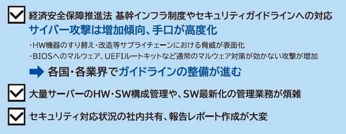 経済安全保障推進法 基幹インフラ制度やセキュリティガイドラインへの対応 サイバー攻撃は増加傾向、手口が高度化 HW機器のすり替え・改造等サプライチェーンにおける脅威が表面化 BIOSへのマルウェア,UEFIルートキットなど通常のマルウェア対策が効かない攻撃が増加 各国・各業界でガイドラインの整備が進む 大量サーバーのHW・SW構成管理や、SW最新化の管理業務が煩雑 セキュリティ対応状況の社内共有、報告レポート作成が大変