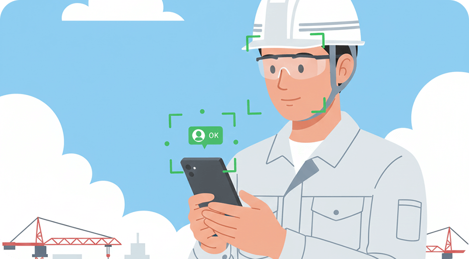 CCUSカード運用による課題の解決、建設現場の作業員がスマートフォンを使って顔認証をしているイラスト