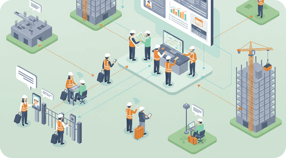 グリーンサイト連携によりデータ管理の効率化、現場管理を一元化している様子のイラスト