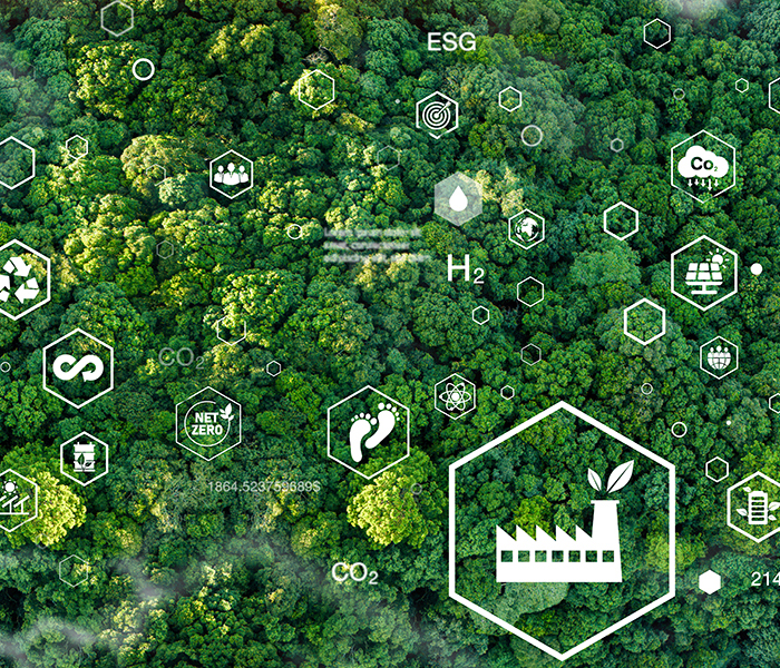 CO2削減や自然エネルギーを表すアイコンと森林のイメージ