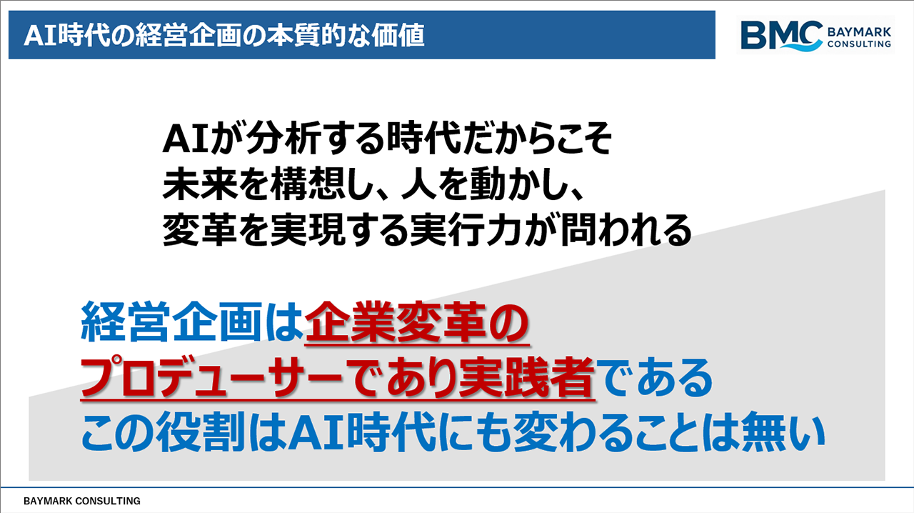 「AI時代の経営企画の本質的な価値」についての説明スライド