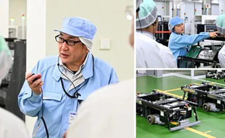 NECグループの工場で働く作業員や無人搬送機の様子