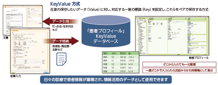 どこから入れても一元管理、一度どこかで入力したら次回からは引用情報として表示。日々の診療で患者情報が蓄積され、情報活用のデータとして使用できます。