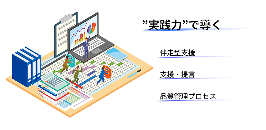 NECのプロフェッショナル人材がPMOを組織し、品質管理・プロセスを伴走型でプロジェクトを成功に導くご支援をします。