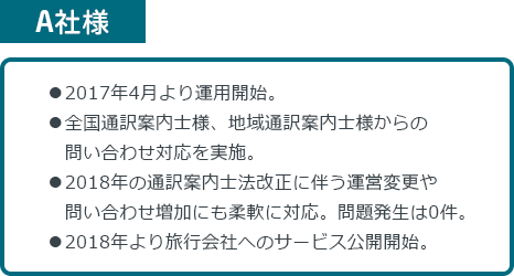 A社様:2017年4月運用開始。2018年の通訳案内士法改正に伴う運用変更や問い合わせ増加にも柔軟に対応。問題発生は0件。