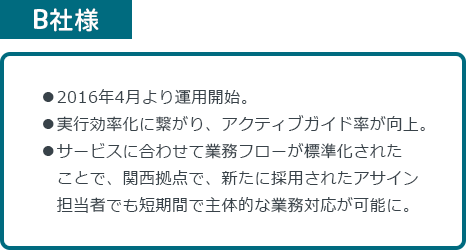 B社様:2016年4月より運用開始。サービスに合わせて業務フローが標準化されたことで、関西拠点で新たに採用されたアサイン担当者でも短期間で主体的な業務対応が可能に。