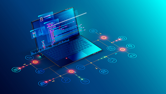 現状業務の書類整理し連携しているシステムとつながっているノートPCのイメージ