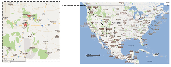 ロスアラモスサイトとアルバカーキサイト（米国ニューメキシコ州　引用：Google map）