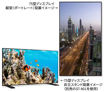 75型ディスプレイの縦設置設置イメージ・自立スタンド設置イメージ