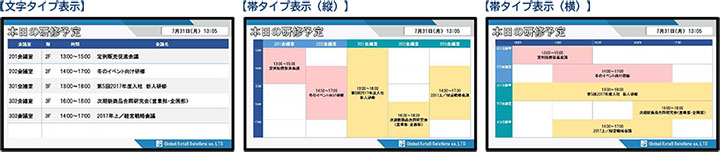 「文字タイプ」「帯タイプ(縦)」「帯タイプ横)」表示の例