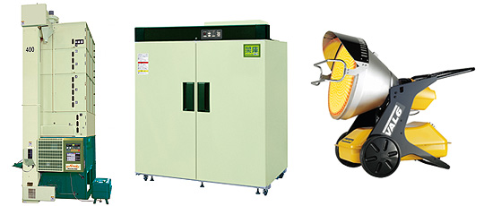 静岡製機様主要製品 ： （左より）循環型遠赤外線穀物乾燥機、玄米低温貯蔵庫、赤外線ヒーター