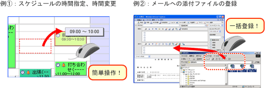 スケジュールの時間指定や時間変更、メールへの添付ファイルの登録がドラック＆ドロップ操作でできます。